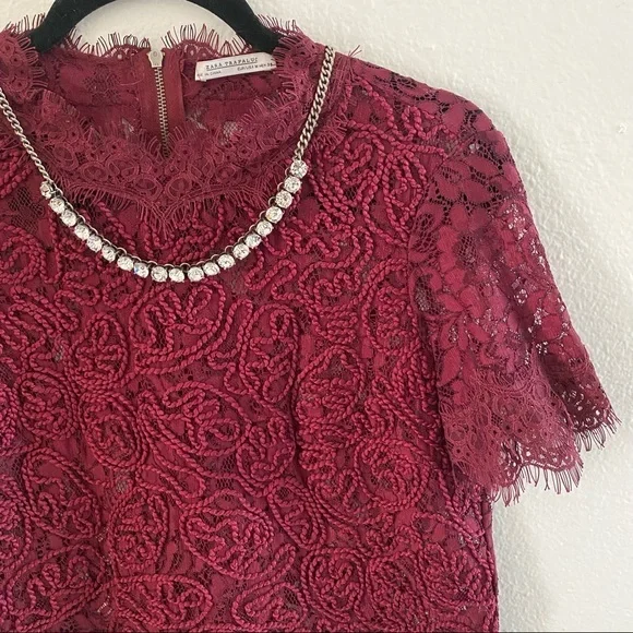 ZARA Lace Embroidered Maroon Shirt Blouse - Picture 2 of 5